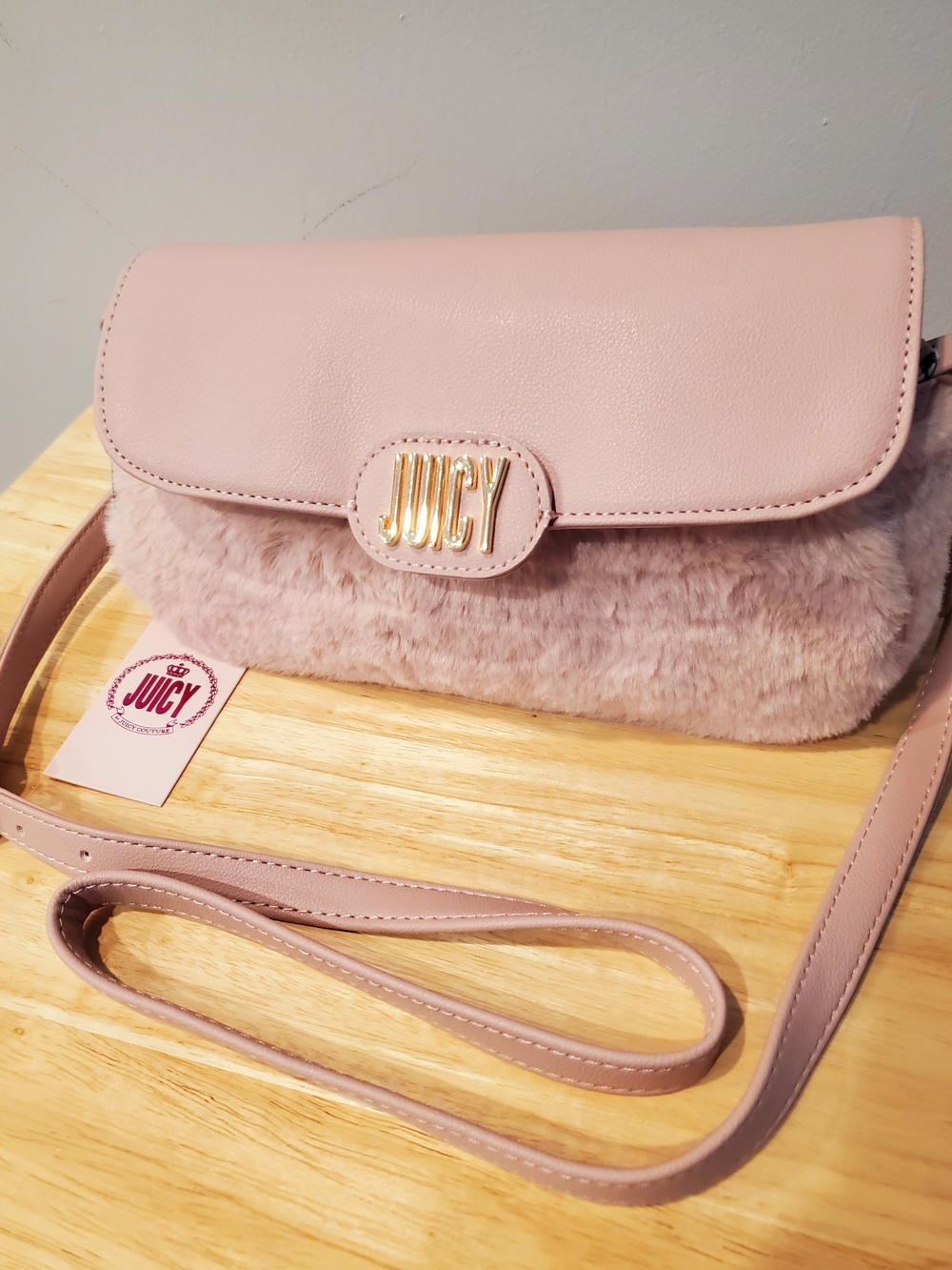 Crossbody Bag Juicy Couture Pink Faux Fur Gold  Logo